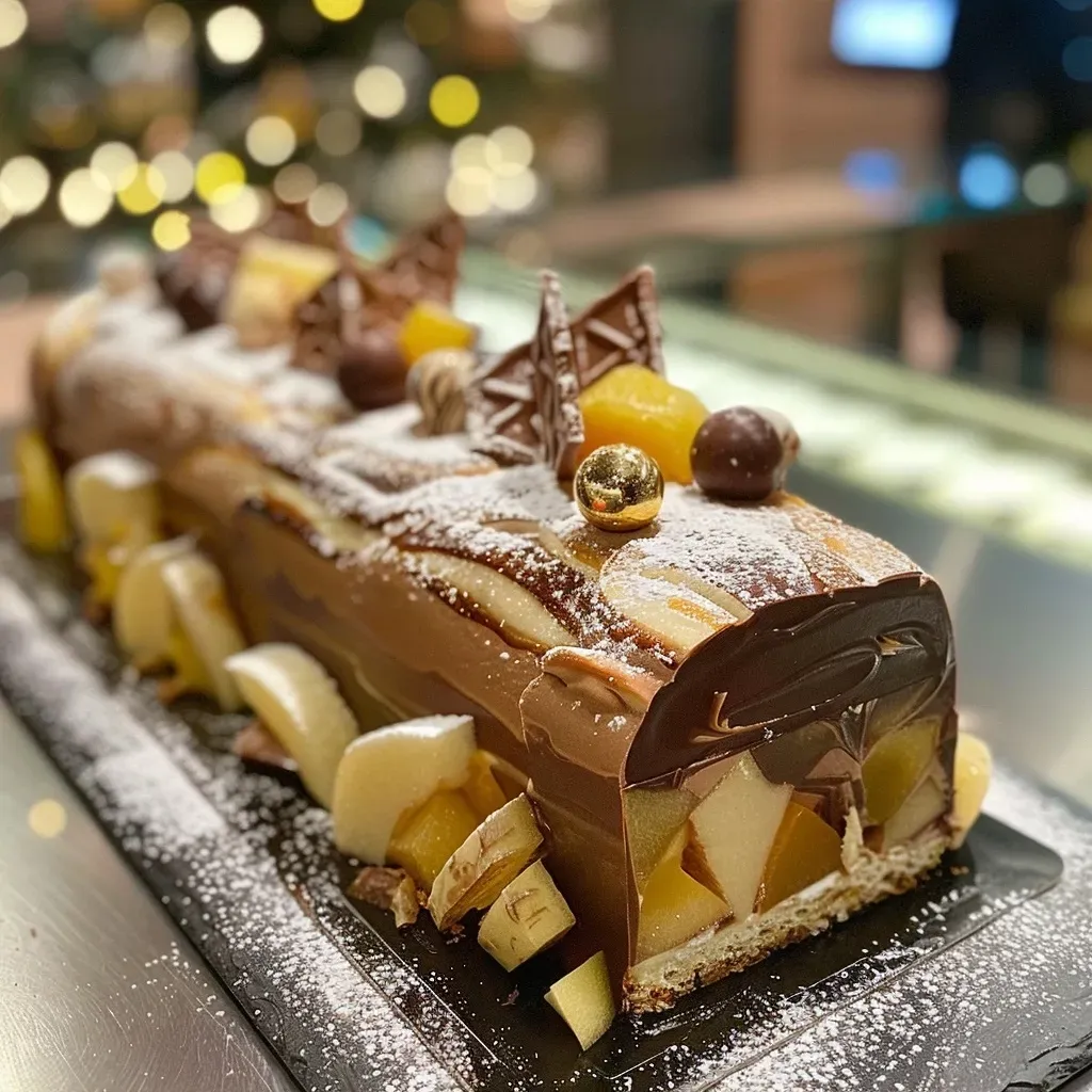 Side view of a Bûche de Noël with chocolate icing and pear filling.