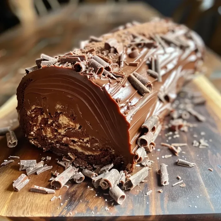 Close-up of a chocolate Bûche de Noël with a glossy ganache.
