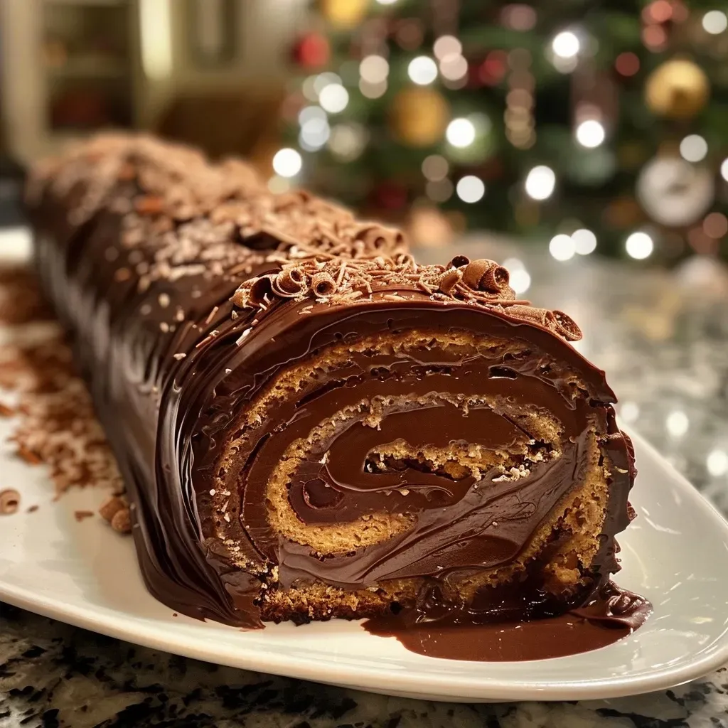 Side view of a delectable chocolate Yule log covered in shiny chocolate.