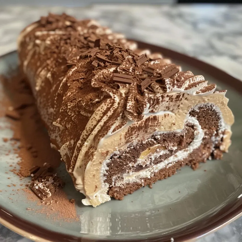 A slice of Bûche de Noël légère au café showcasing rich layers and a glossy finish.