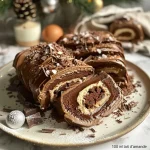 A close-up side view of a chocolate Bûche de Noël, showcasing its rich texture.