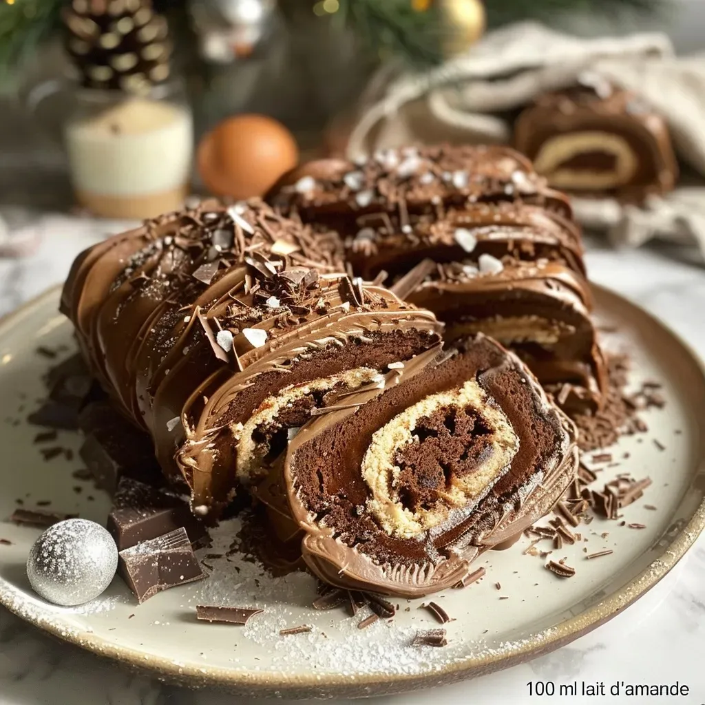 A close-up side view of a chocolate Bûche de Noël, showcasing its rich texture.