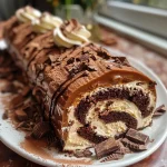 Close-up view of a light Bûche de Noël topped with raspberries and mascarpone cream.