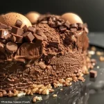 Close-up side view of a bûche glacée chocolat, showcasing its glossy chocolate layers.