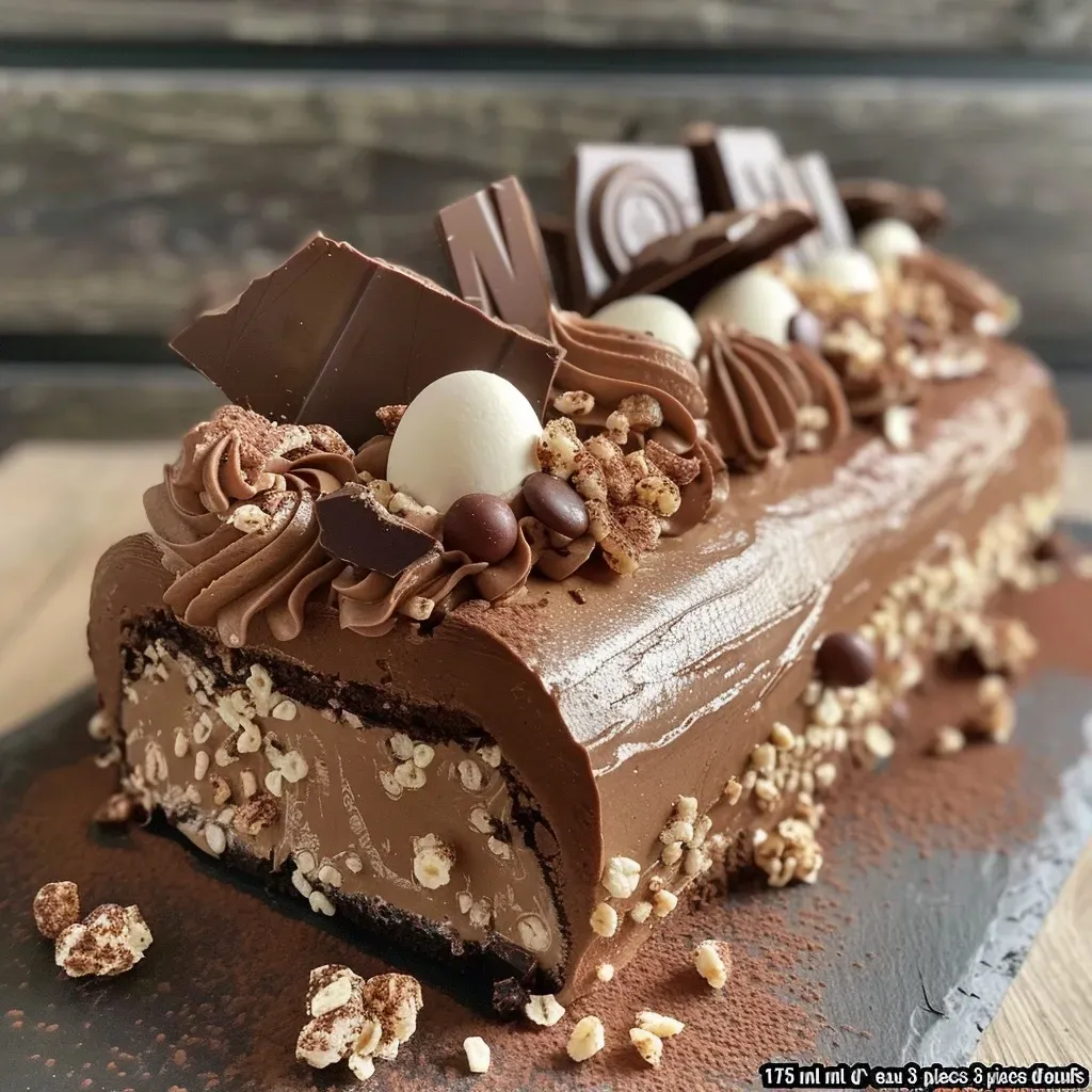 Detailed image of a delicious chocolate log cake, highlighting its chocolate and cream texture.