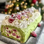 A close-up side view of a Bûche pistache framboise et chocolat blanc, showcasing layers of green pistachio cream and raspberry filling.