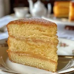 A close-up side view of a moist vanilla cake with layers visible.