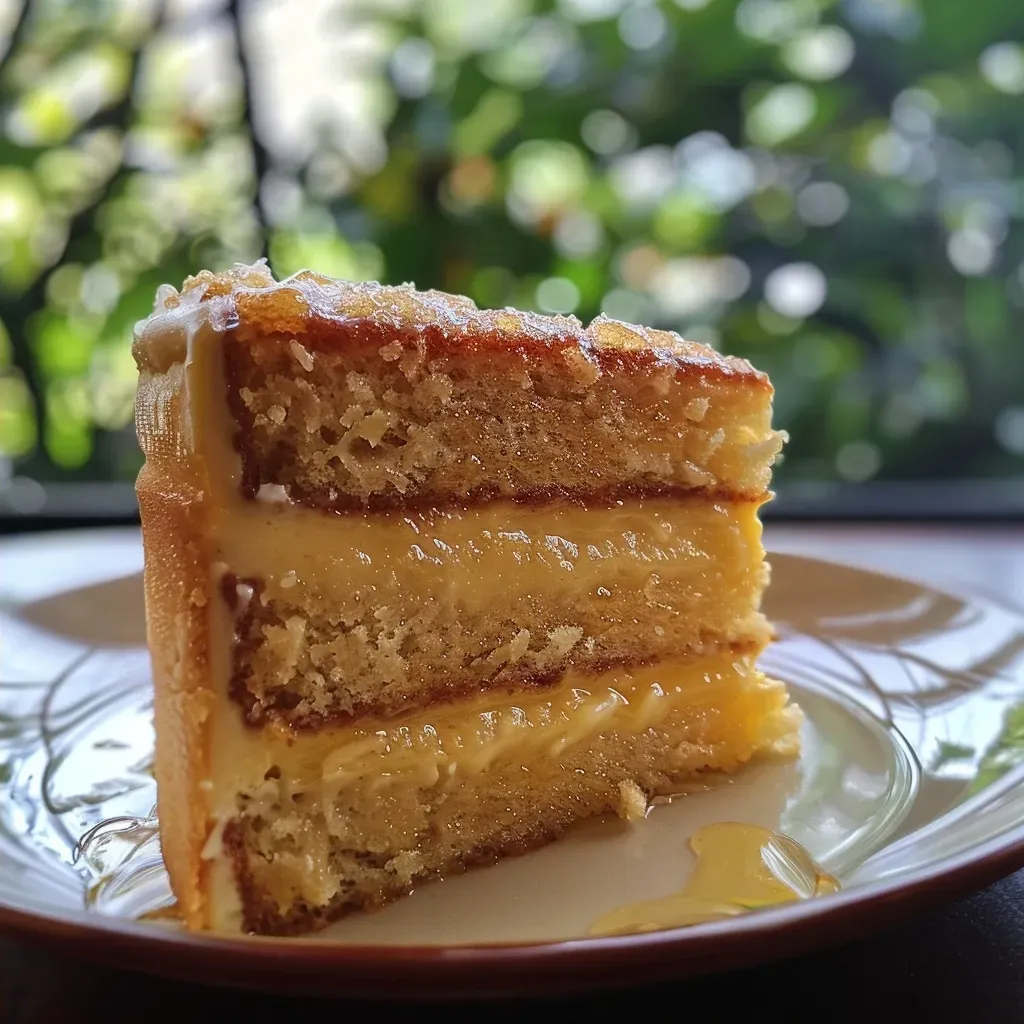 Side view of a moist vanilla cake, highlighting its fluffy texture.