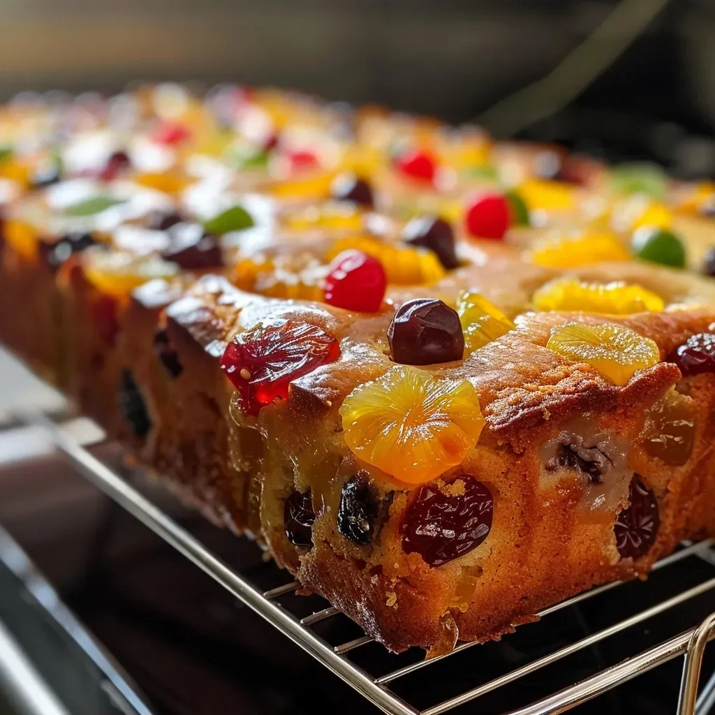 A detailed shot of a slice of cake aux fruits confits showcasing its moist texture and fruit pieces.