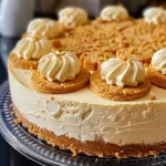 Close-up view of a creamy no-bake cheesecake topped with Russian cigarettes.