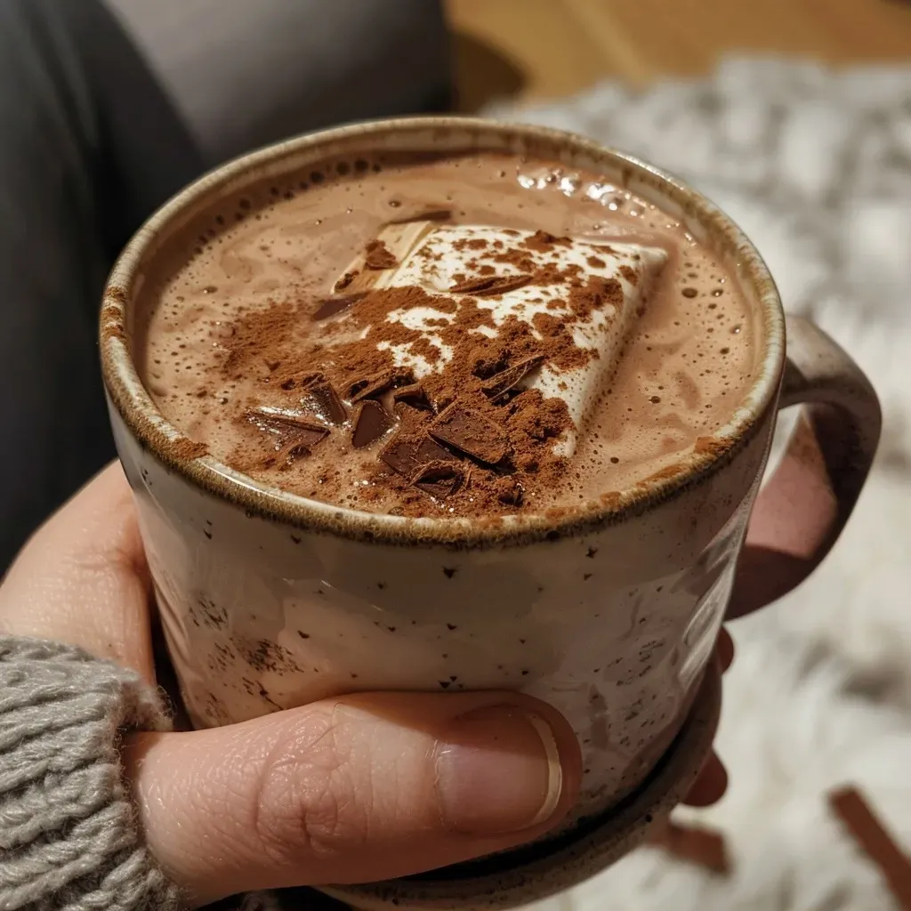 Close-up of rich, creamy chocolat chaud in a cup, topped with froth.