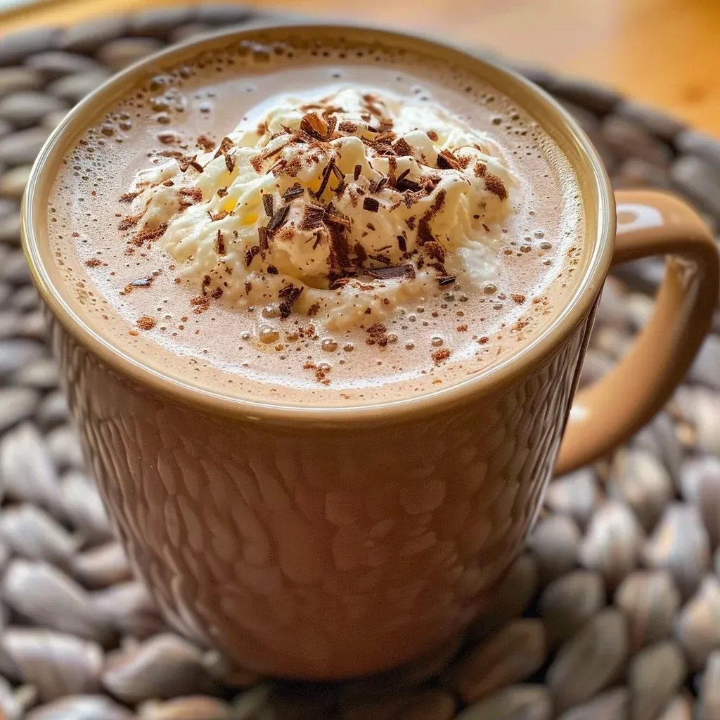 Side view of homemade hot chocolate with a glossy surface and steam rising.