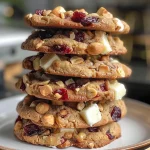 Close-up of delicious cookies featuring white chocolate, cranberries, and macadamia nuts.