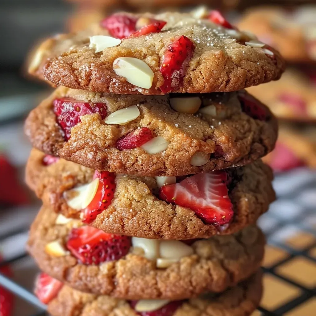 Side perspective of golden cookies with strawberries and white chocolate chunks.