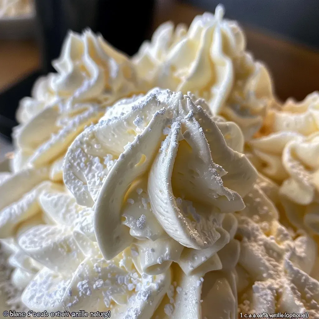 Side view of luscious crème au beurre meringue suisse with a smooth texture.