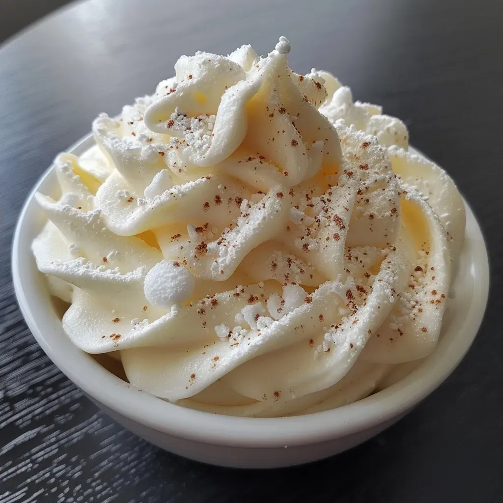 Side view of homemade whipped cream, showcasing its smooth texture.