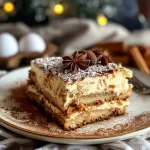 Close-up view of a festive Christmas dessert featuring layers of mascarpone and cocoa.