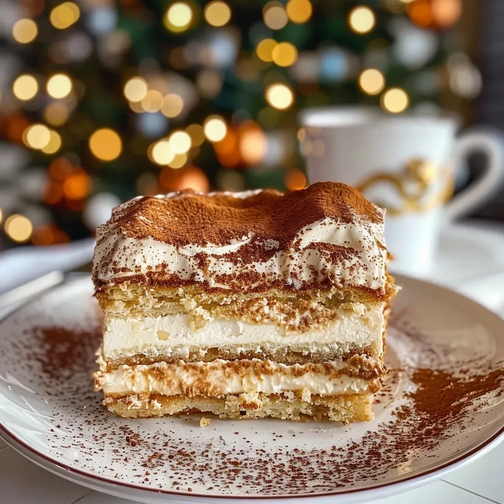 Side view of a delicious Noël dessert with creamy mascarpone and coffee-soaked boudoirs.