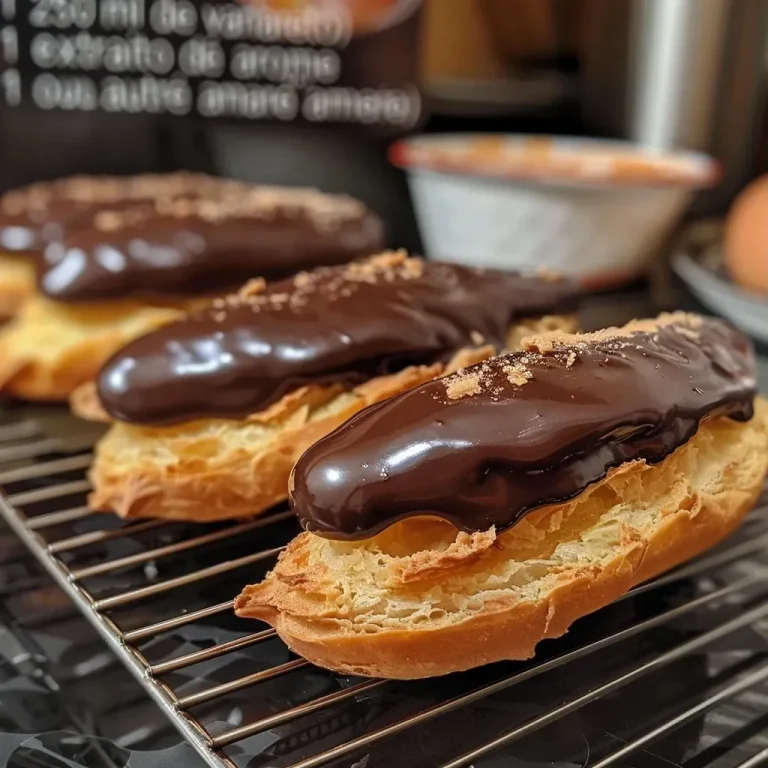 Close-up of a chocolate eclair with a glossy chocolate glaze and a drizzle of Amaretto.
