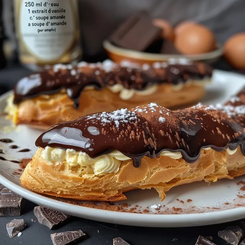 Side view of a delicious chocolate eclair filled with creamy custard and topped with shiny chocolate.