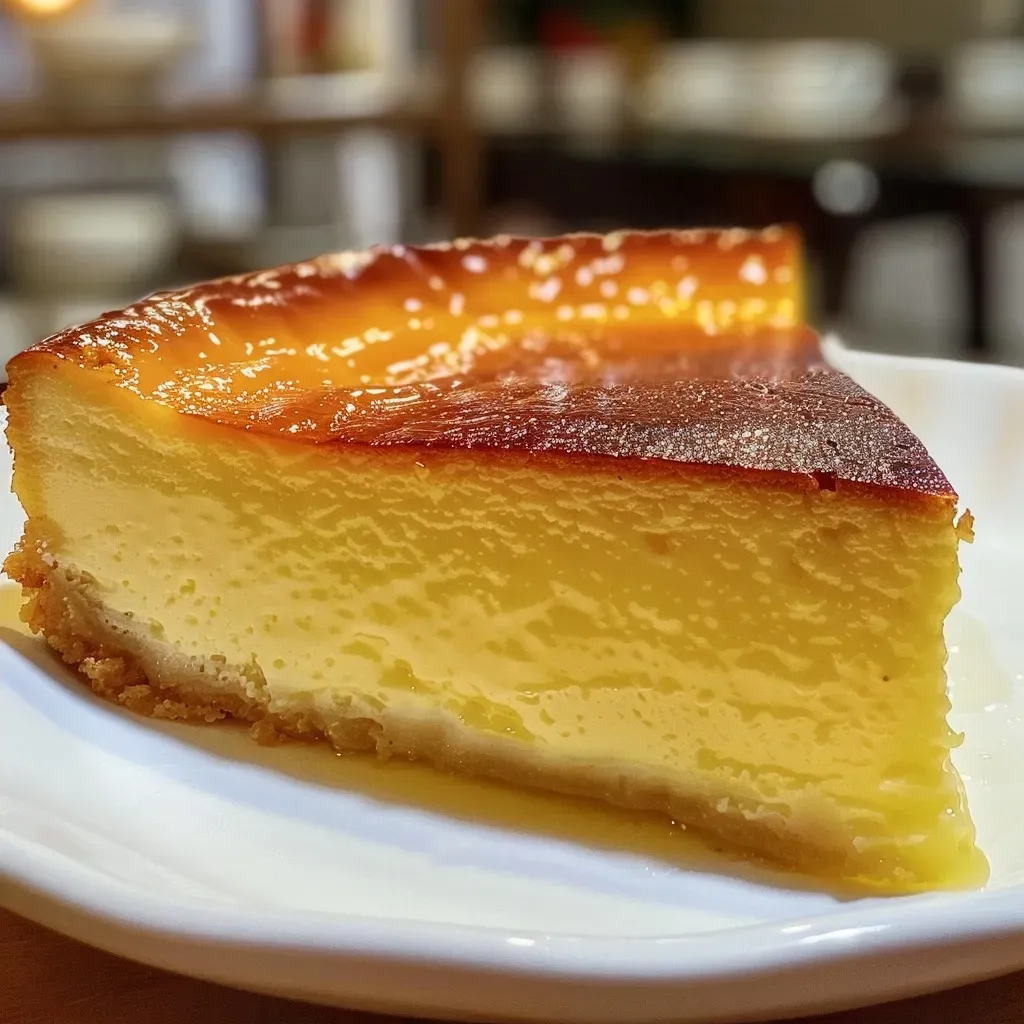 Side perspective of a delicious Flan Parisien, highlighting its creamy filling and flaky crust.
