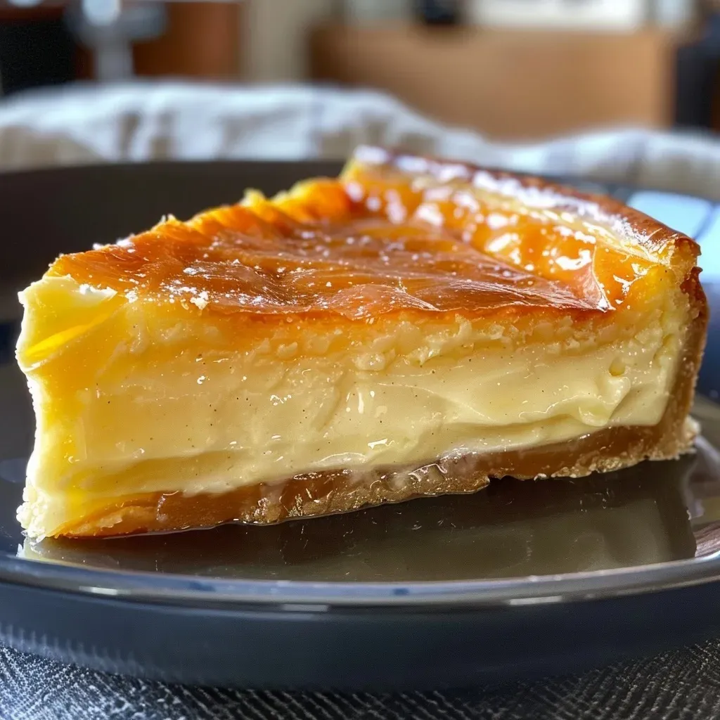 Close-up of creamy flan pâtissier showcasing its rich texture and delicate crust.