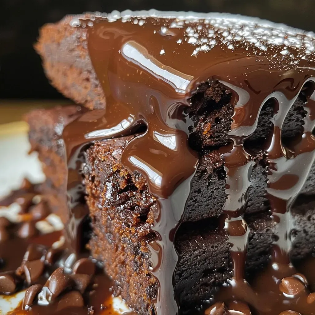 Close-up of a chocolate fondant with melting chocolate center on a plate.
