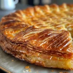 A close-up side view of a golden-brown galette des rois frangipane, showcasing its flaky pastry and almond filling.