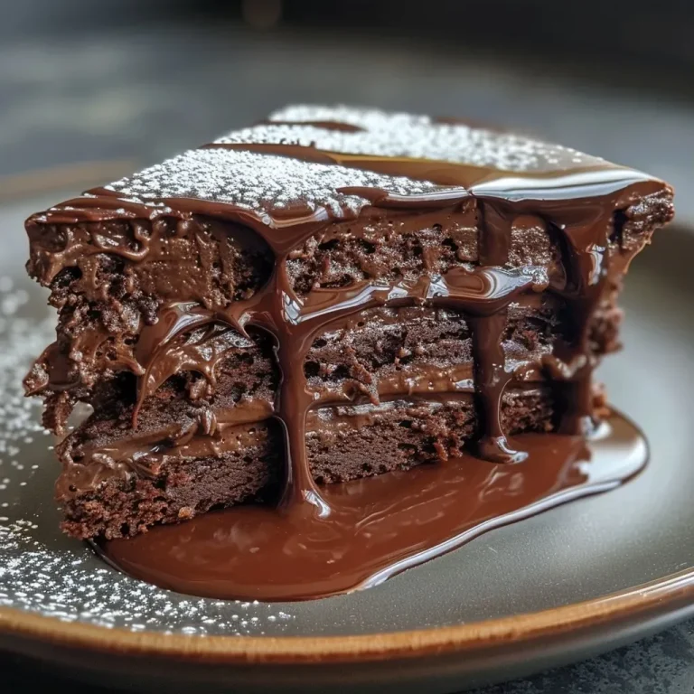 Close-up side view of a chocolate no-bake cake sliced to show its layers.