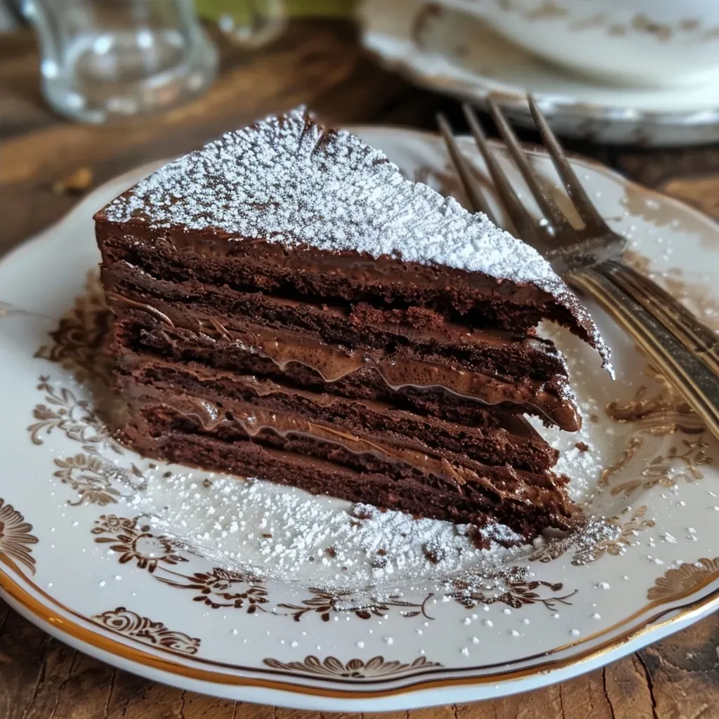 Dark chocolate dessert with a smooth, creamy texture and biscuit layers.