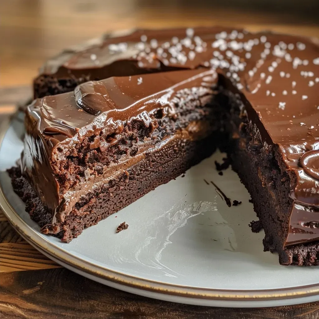 Side view of a decadent chocolate tomato cake showcasing its layers.
