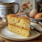 Close-up of a Gâteau de Savoie, showcasing its light texture and golden color.