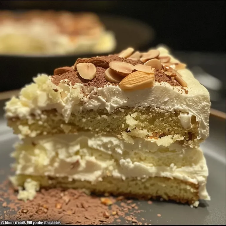 Close-up of a slice of gâteau neige with glossy white chocolate glaze.