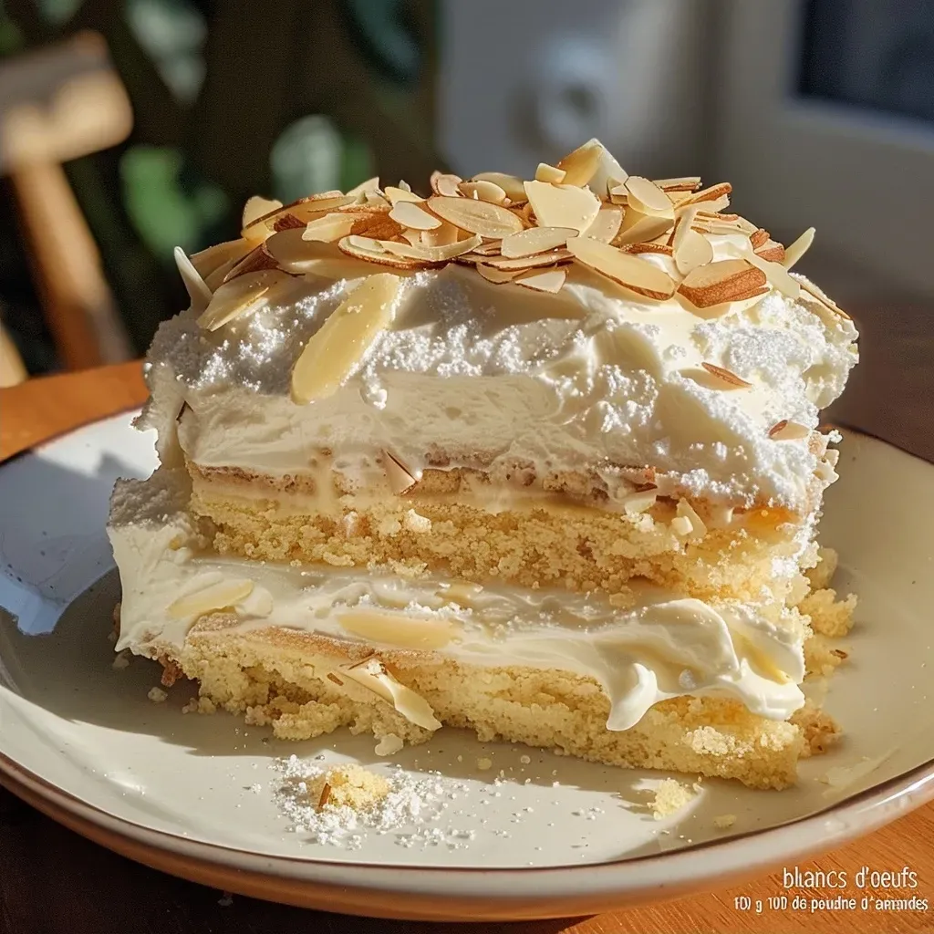 Side view of a decadent gâteau neige, revealing layers and toppings.