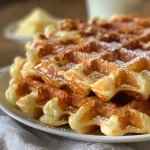 Close-up of crispy Brussels waffles with golden-brown texture.