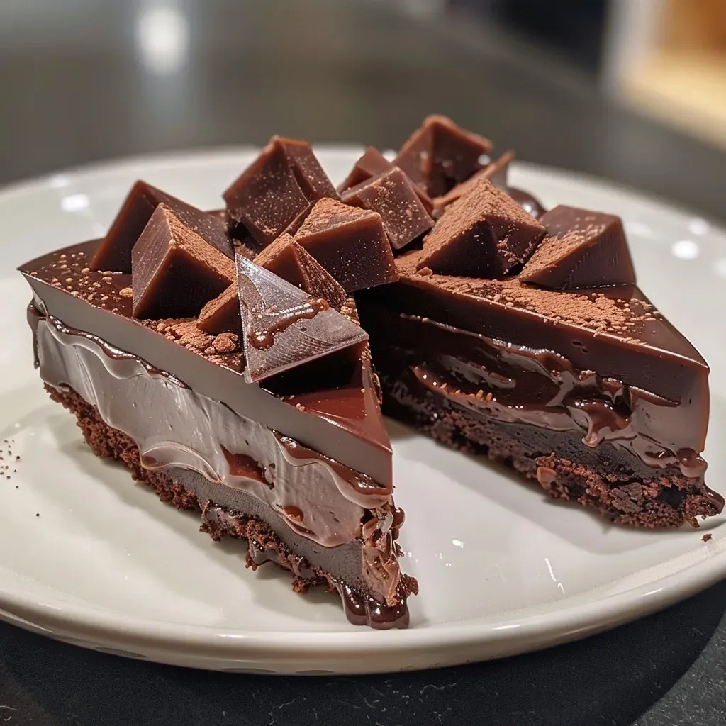 Side view of a shiny dark chocolate glaçage on a cake.