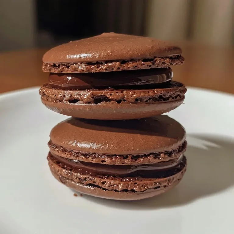 Close-up view of chocolate macarons with a smooth, glossy shell and creamy filling.