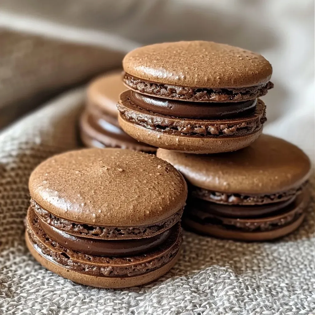 Side view of delicious chocolate macarons, showcasing their delicate texture and rich color.
