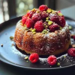 Close-up view of a moist pistachio and raspberry cake slice, showing its rich texture.