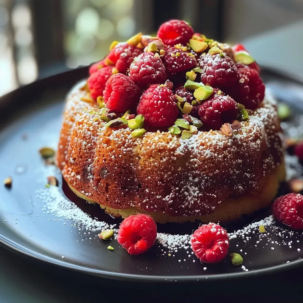 Close-up view of a moist pistachio and raspberry cake slice, showing its rich texture.