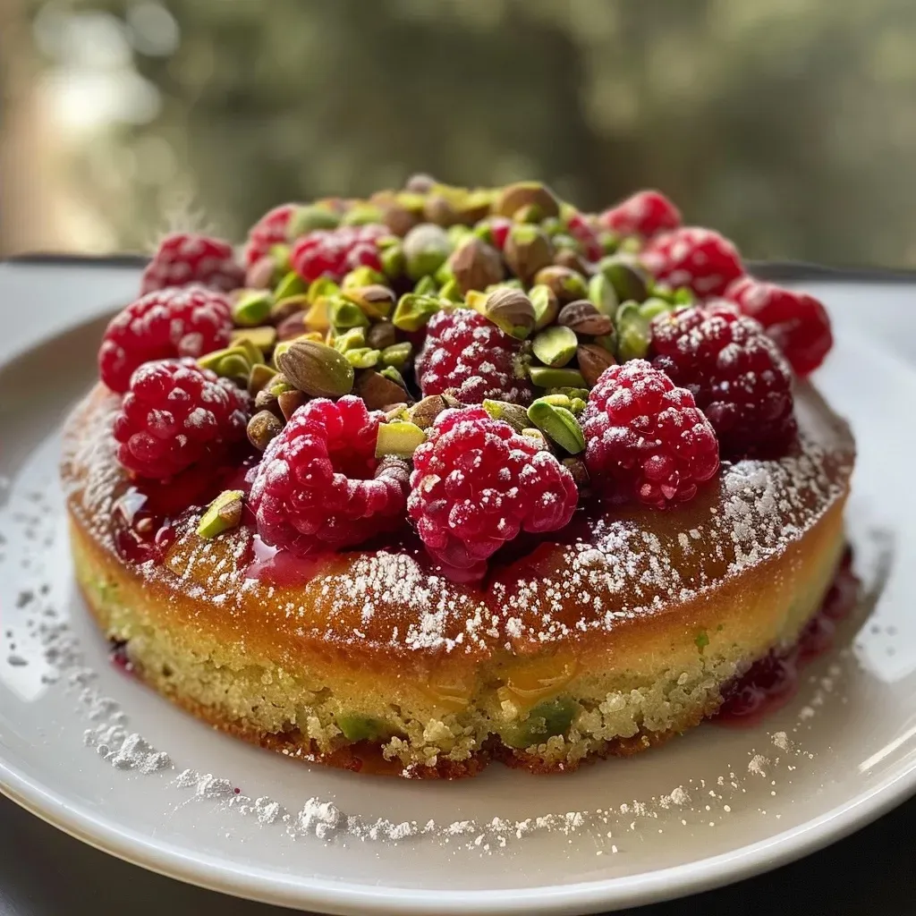 Side view of a delectable pistachio-framboise moelleux, highlighting its vibrant colors and layers.