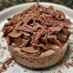 Close-up of a smooth, glossy chocolate mousse in a glass dish.
