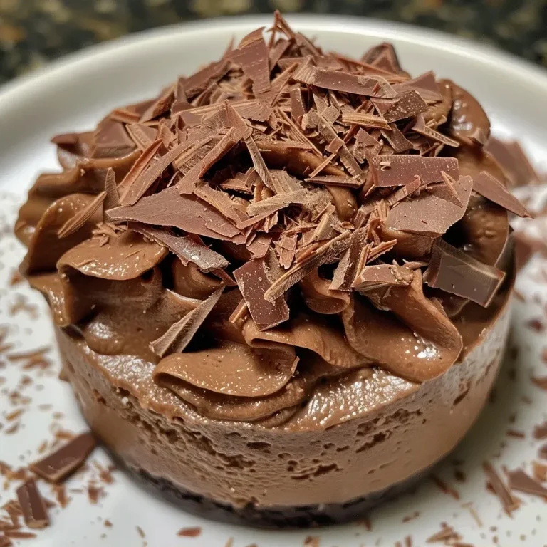 Close-up of a smooth, glossy chocolate mousse in a glass dish.