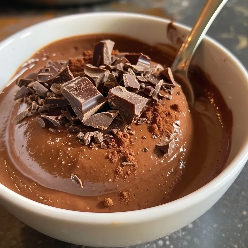 Rich, dark chocolate mousse served in a clear bowl, showing a velvety texture.