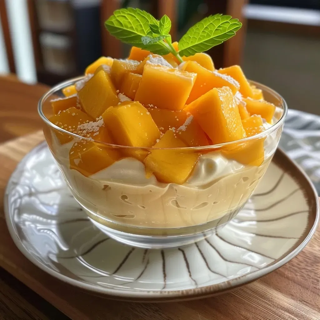 Side view of a creamy mango mousse in a glass bowl with a smooth texture and vibrant yellow color.