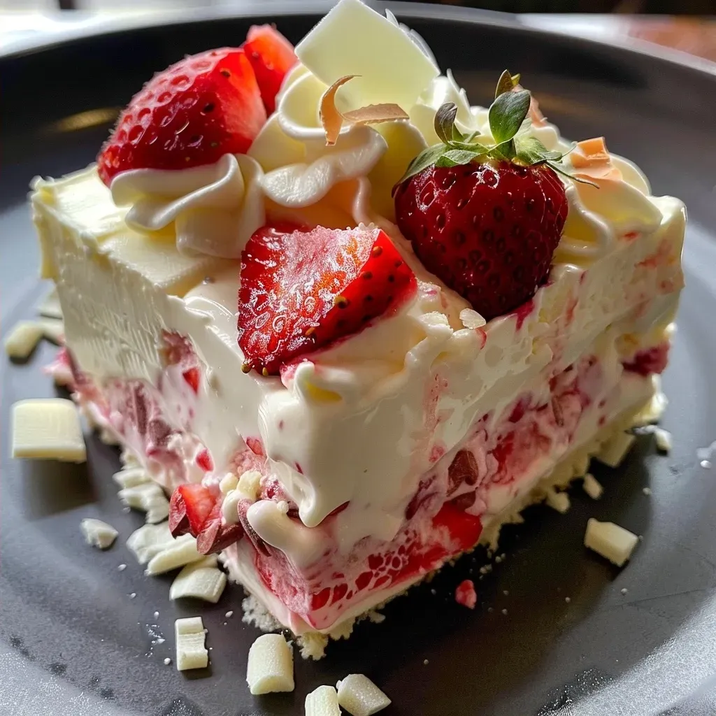 Side view of a delicious strawberry white chocolate mousse topped with chocolate shavings.