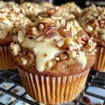 Close-up of a golden muffin with white chocolate and pecan pieces on a surface.