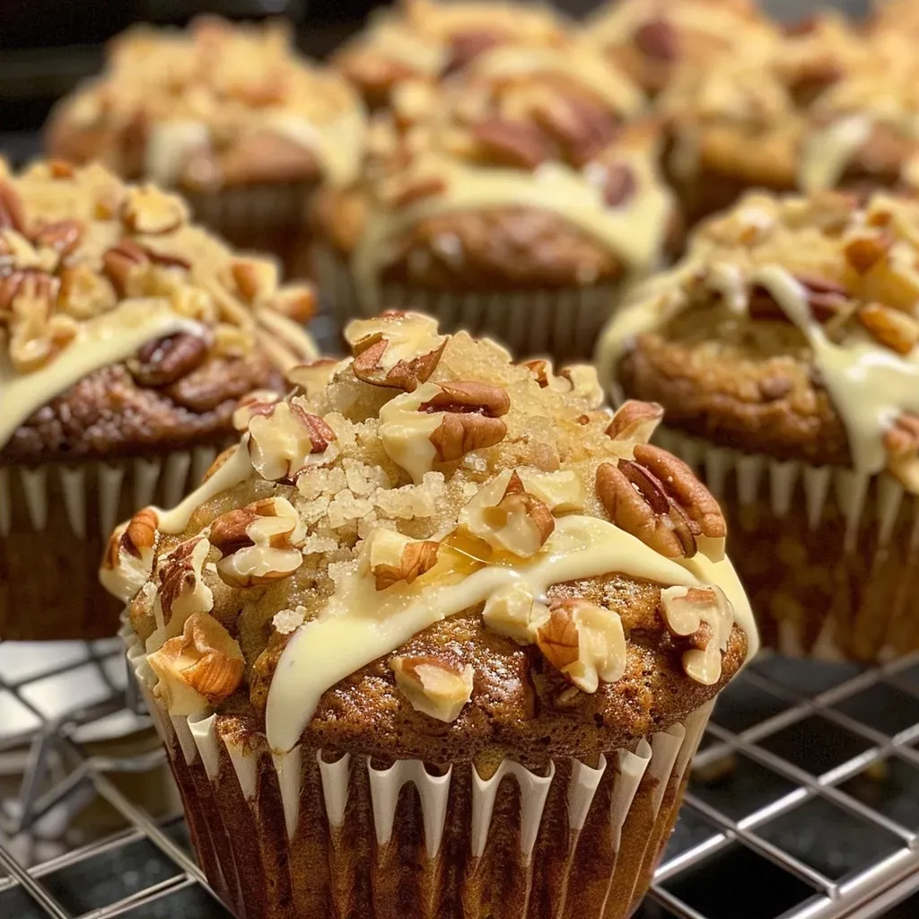 Side view of a muffin packed with chopped pecans and white chocolate, showcasing its texture.