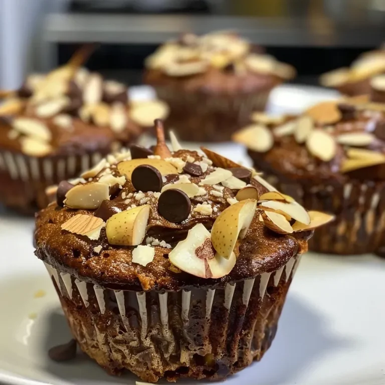 A close-up view of a pear and chocolate muffin, showcasing its moist texture and chunks of pear.