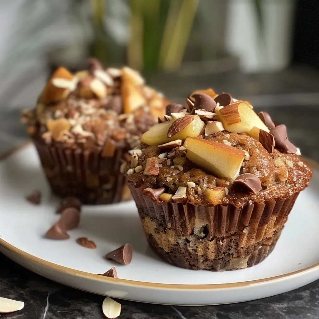 Side view of a freshly baked muffin filled with pieces of pear and chocolate, glistening with a glossy finish.